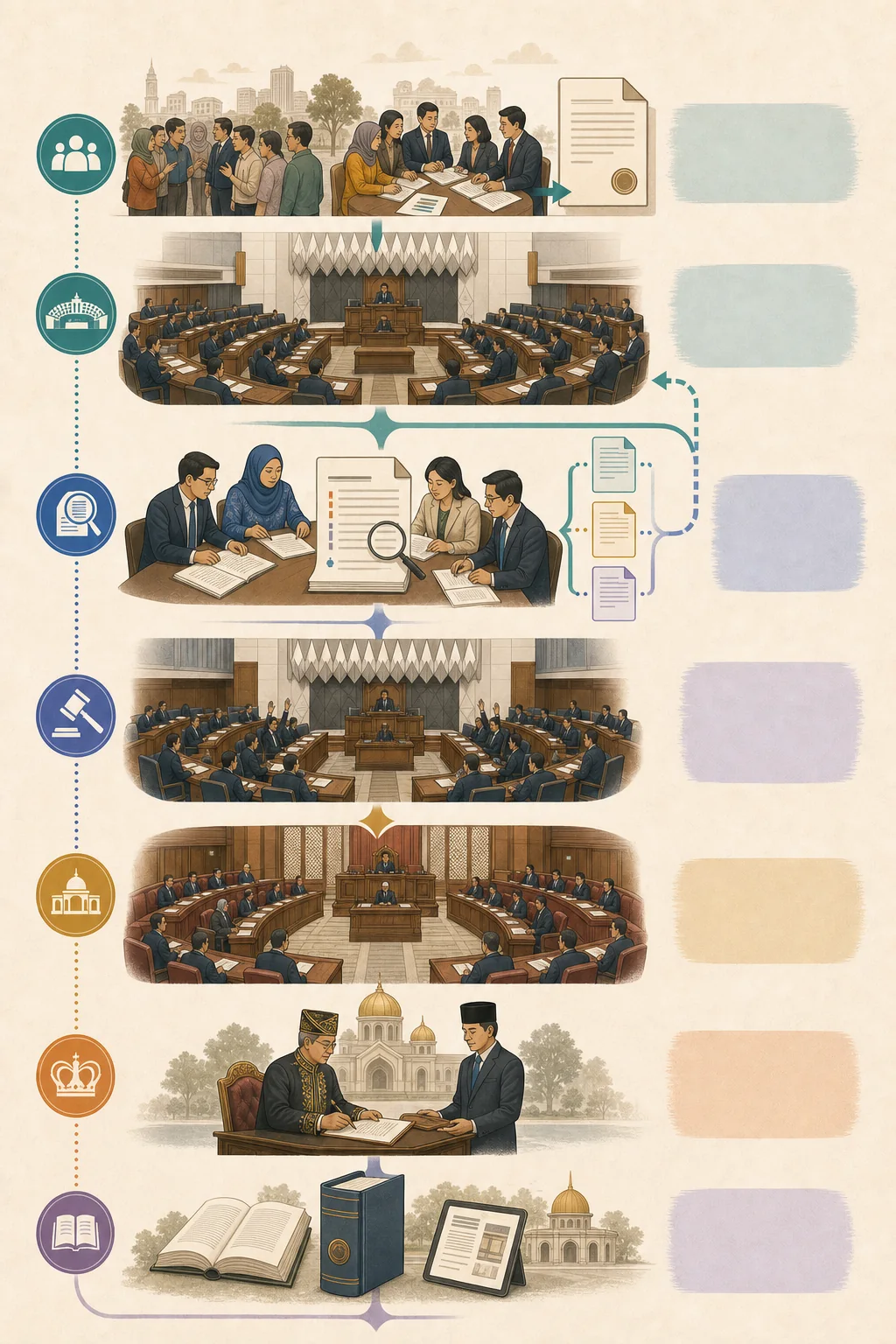 Urutan bergambar yang menunjukkan cadangan menjadi rang undang-undang, penelitian dalam kedua-dua Dewan, perkenan dan pewartaan sebagai undang-undang.