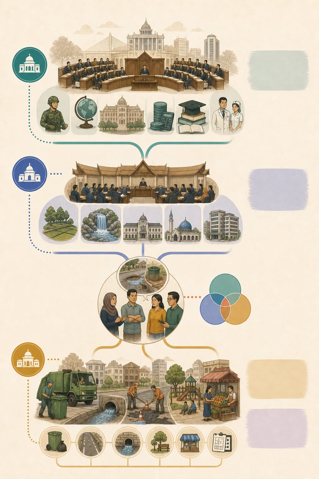 Illustrated guide connecting citizens with federal institutions, a state assembly and local municipal services.